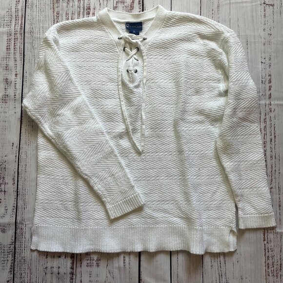 Northcrest Sweaters - NorthCrest | White Cotton Sweater w/Lace-up Neckline | XL